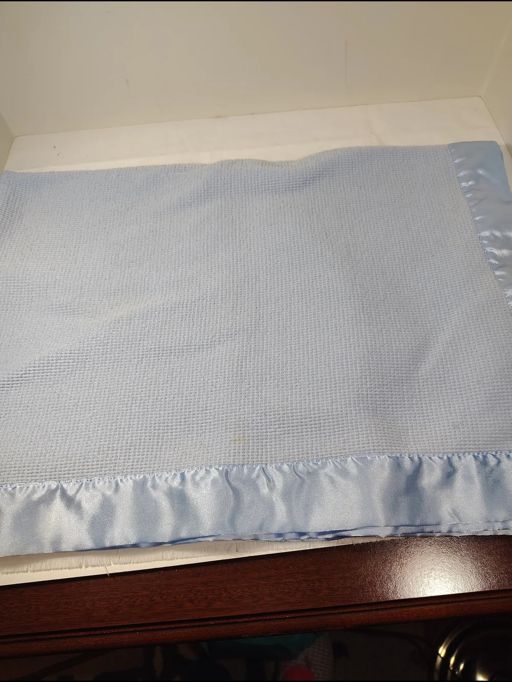 Baby Morgan Blue Satin Trim Waffle Weave Blanket Vintage